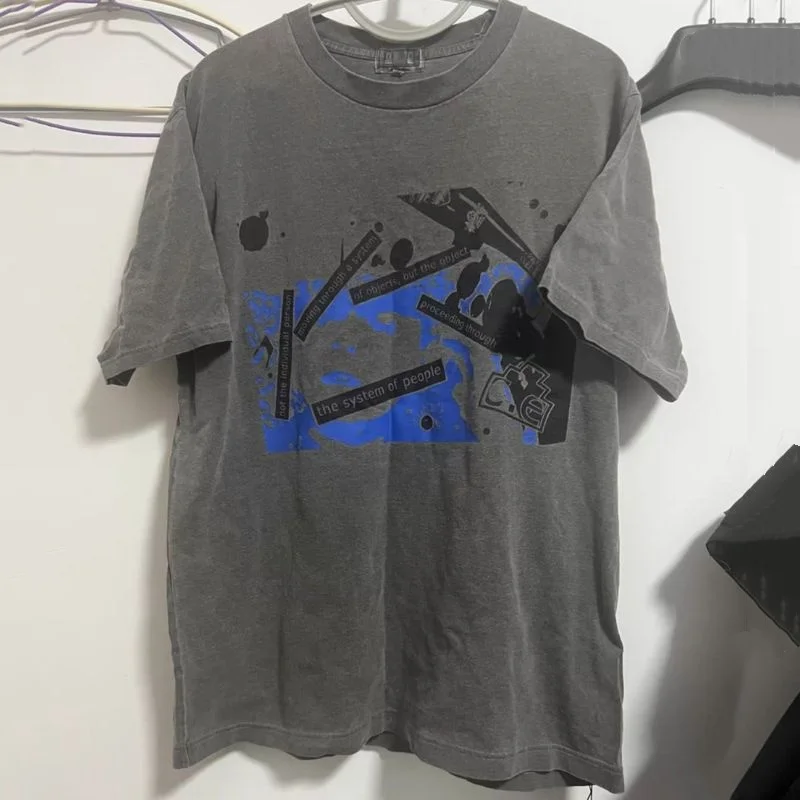 

Summer Grey CAVEMPT T-shirts Round Neck Casual Top Vintage Blue Abstract Print Short Sleeve Hiphop Streetwear Men Women Tees