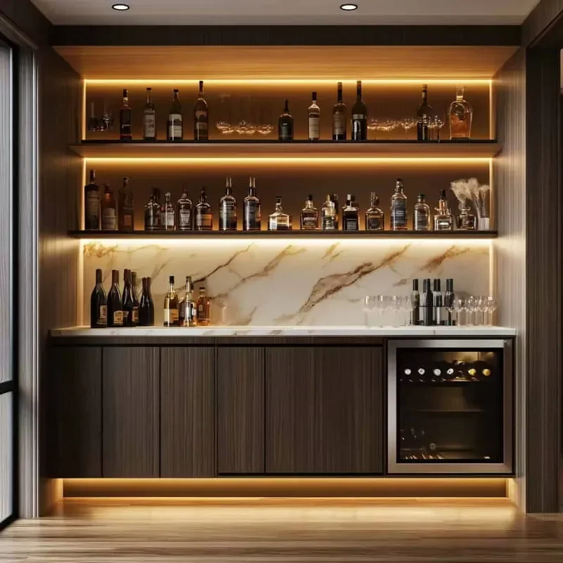 Luxury modern style living room built-in LED lights marble back panel solid wood wine cabinet