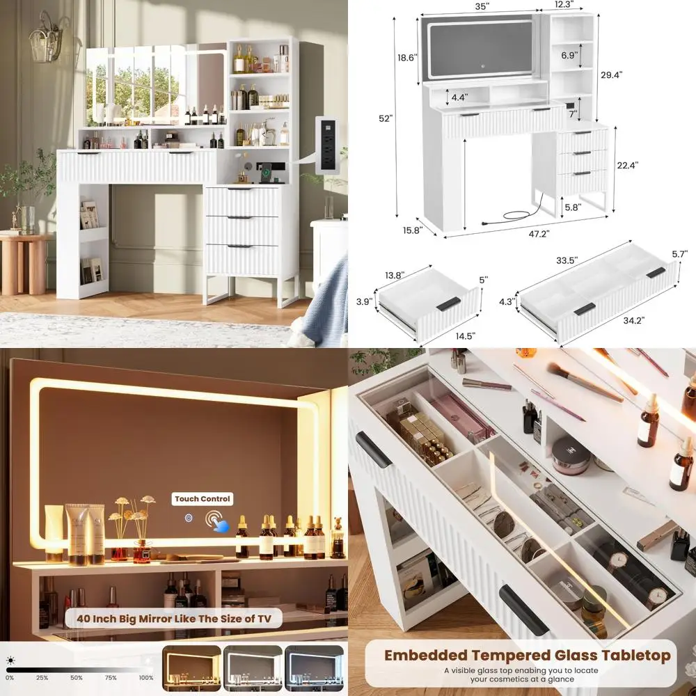 

Large 48 Fluted Makeup Vanity Desk with Mirror, Lights, and Charging Station, Featuring 4 Storage Drawers