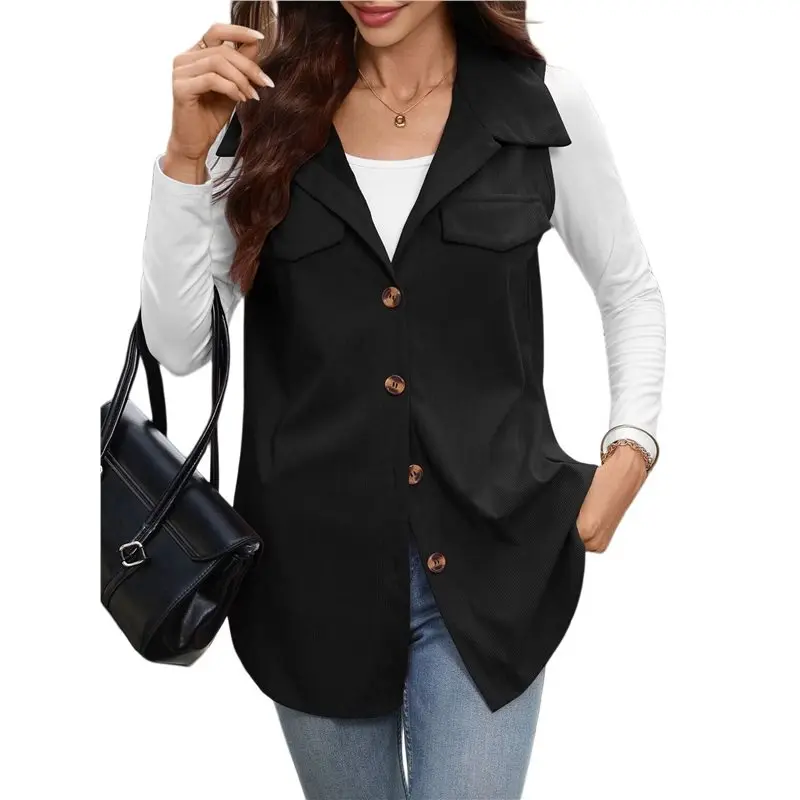 Womens Lapel Dual Pocket Button Front Mid-Length Corduroy Sleeveless Vest Black S Eco-Friendly