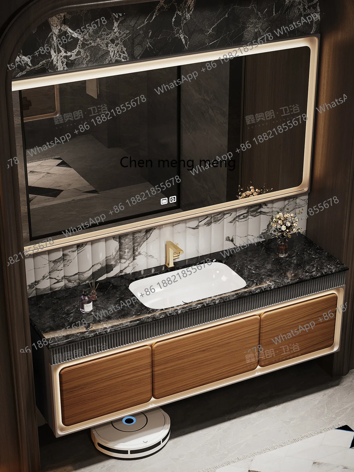Modern light luxury ebony bathroom cabinet combination natural imported luxury stone washstand hand washing