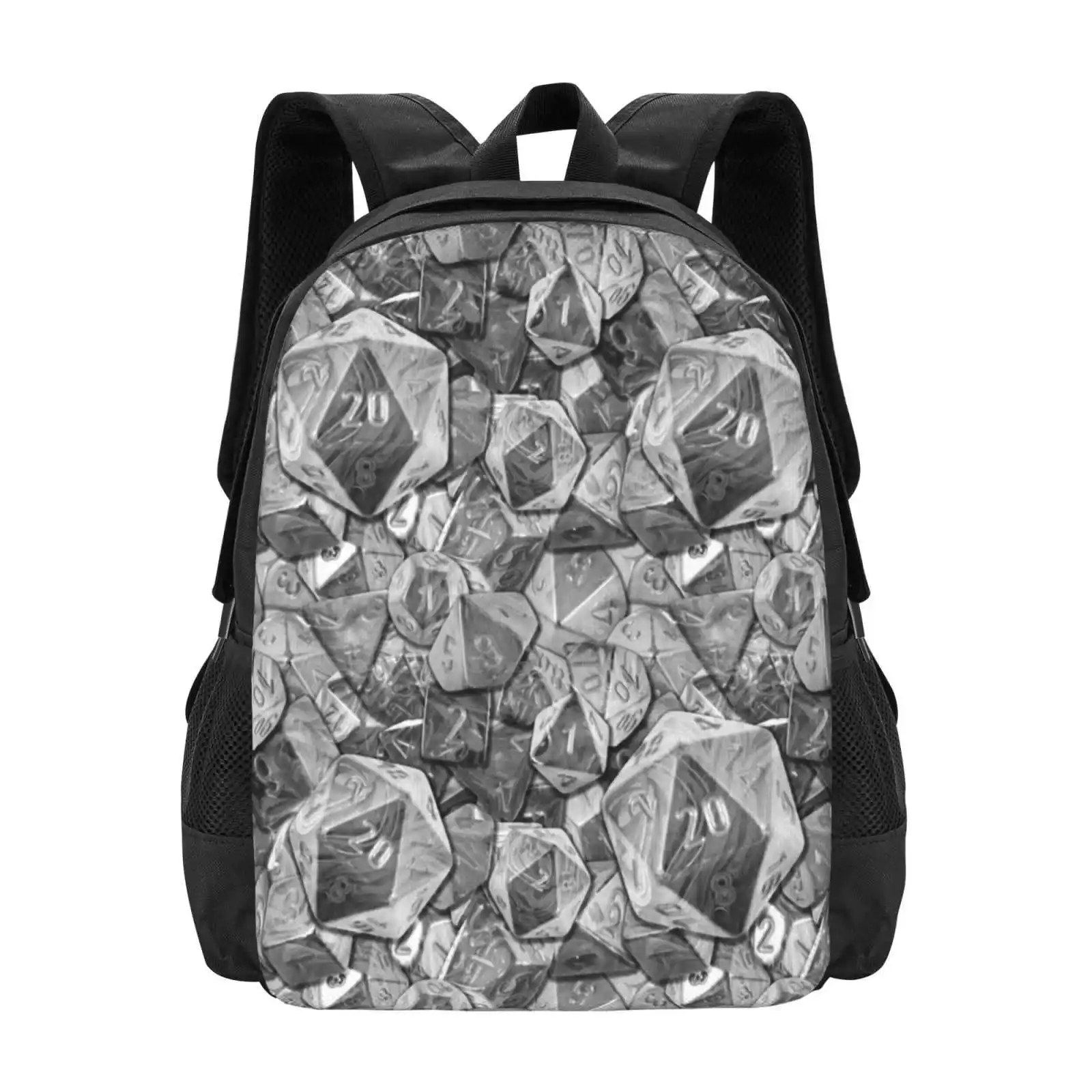 Black And White Dice Bag Pattern School Bag Big Capacity Backpack Laptop Dice Die D20 D8 D4 D6X D10 D12 And Dragons Dnd Pattern