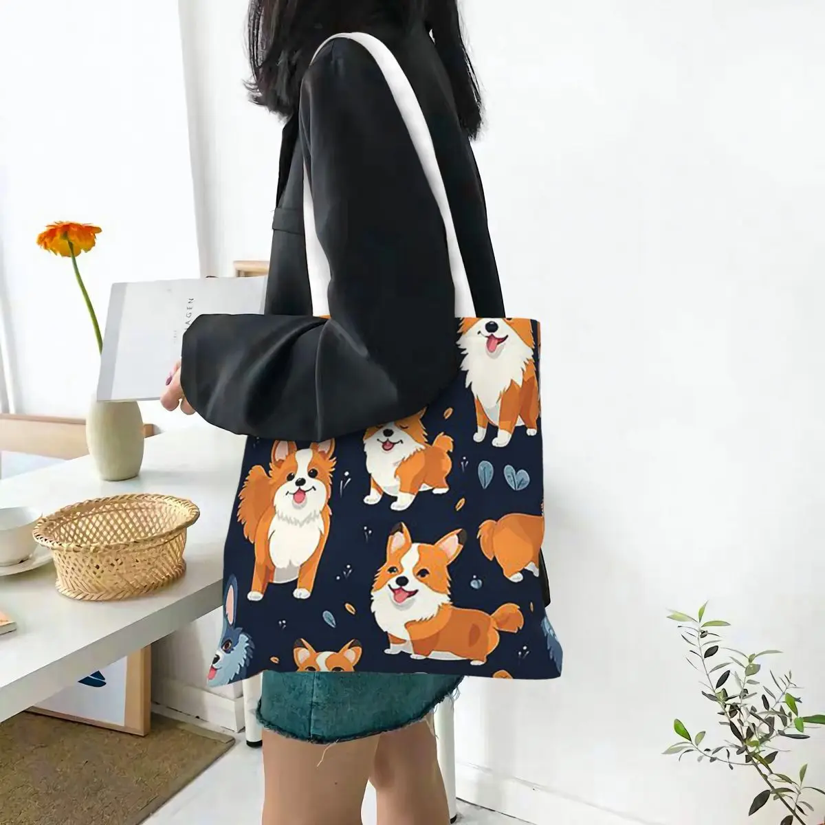 Jolly Corgis  Shopping Bags Canvas The Tote Bag Foldable for Women Shoulder Tote Travel Handbag