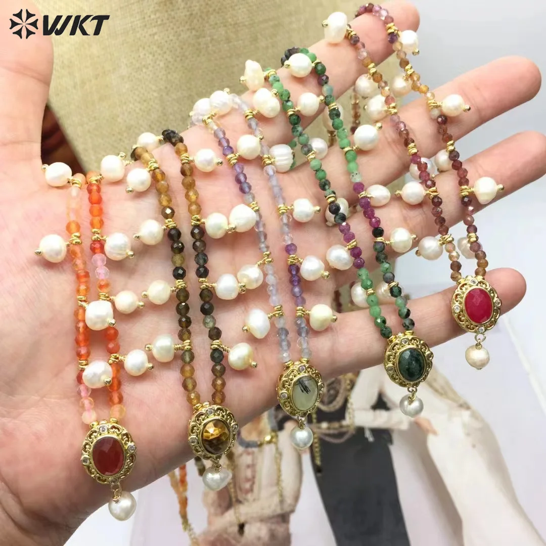 

WT-N1473 WKT Elegant Handmade Natural Faceted Tiny Gemstone Beads Craft Delicate 16 inch Long Stone Necklace
