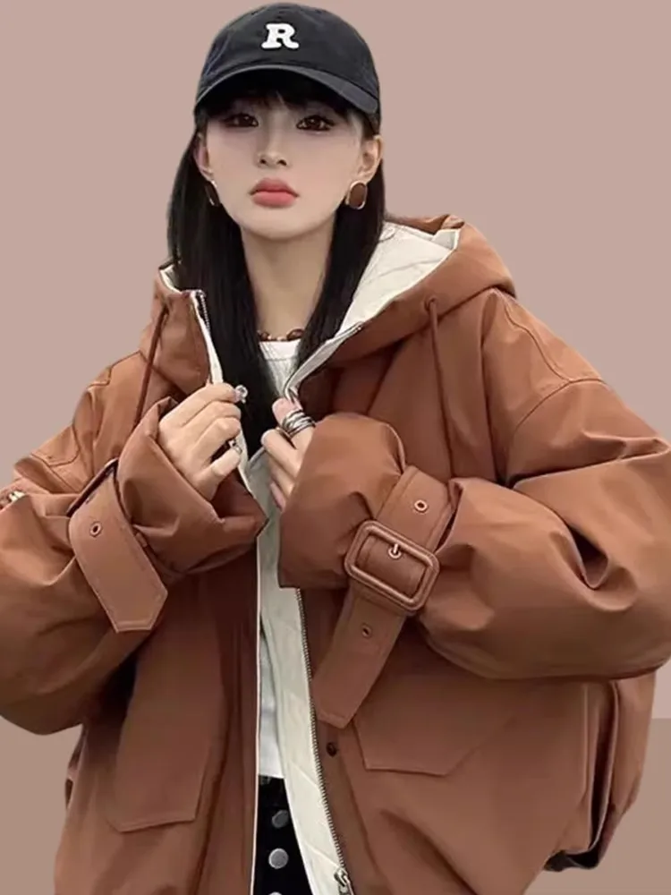 

Winter Thiened Cotton Jaet Women's Hooded ort Workwear Padded Coat Loose Fit Korean Sle Commute Faion Outerwear