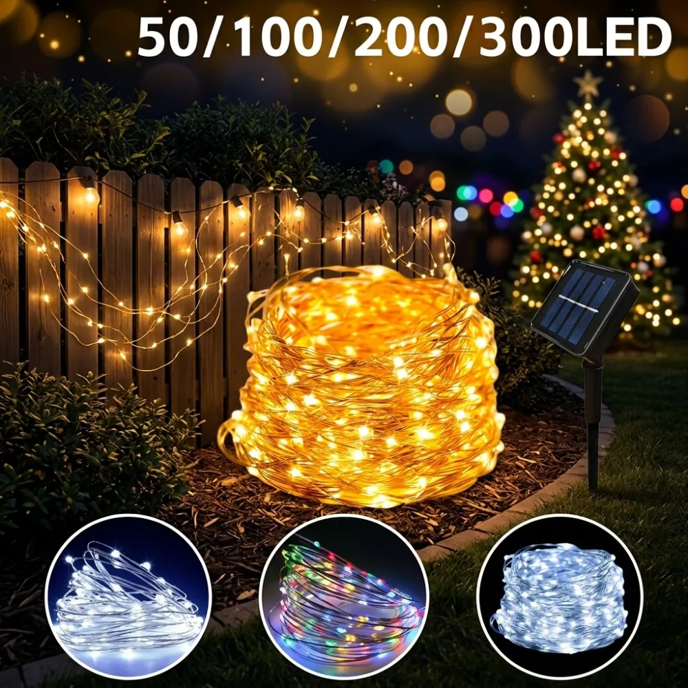 Solar Copper Wire Lights Outdoor Waterproof LED Fairy String Lights for Garden Patio Christmas Tree Party Decoration
