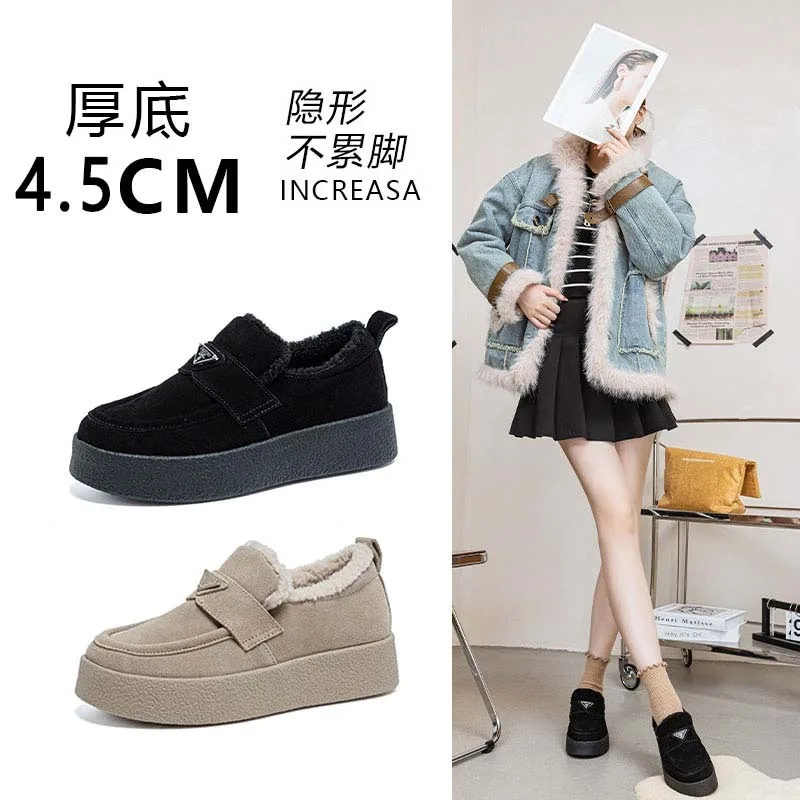 Leather Platform Snow Loafers Women's Velvet Thickened Warm Low-top Outdoor Triangular Standard Cotton Shoes