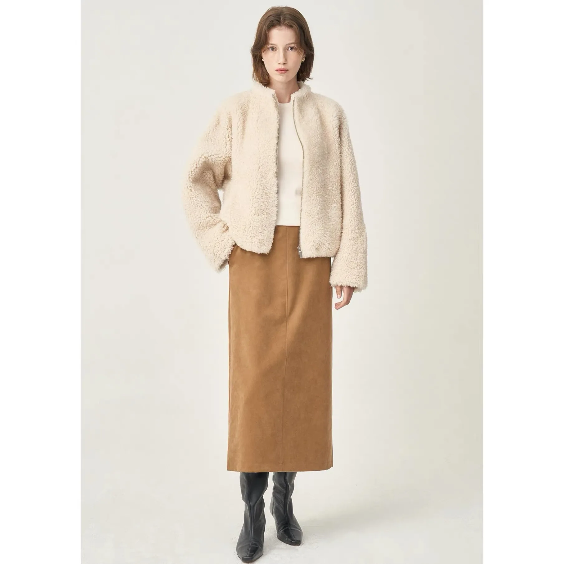 تخفيف بسيط لجبنة الليمون ort Jaet من الجلد والفراء المتكامل فضفاض مناسب بياقة واقفة ملابس خارجية للخريف للنساء #3