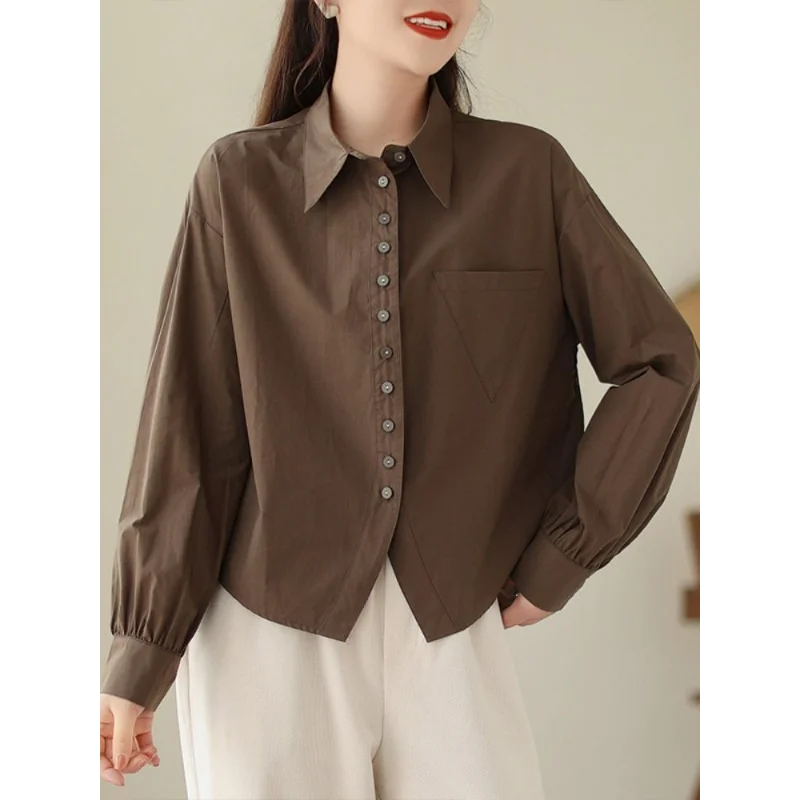 

Autumn Solid Color Casual Long-sleeved Versatile Top Fashionable Cotton Short Shirt Jacket for Women's