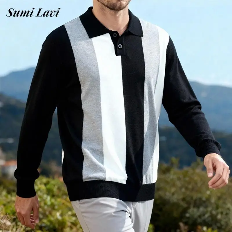 

Новые повседневные мужские вязаные джемперы, винтажные лоскутные полосатые вязаные крючком рубашки поло, мужские свитера поло с длинными рукавами и лацканами на пуговицах