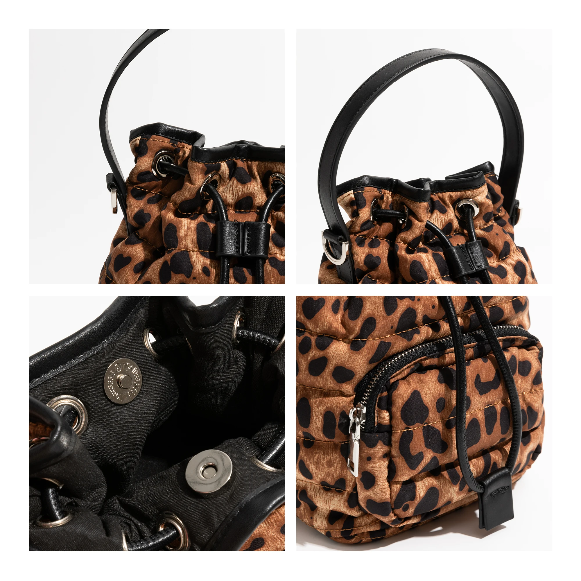 MABULA Vintage Leopard Printed Bucket Bag Women Autumn Winter Drawstring Bag Large Capacity Commuter Handle Bag Messenger Bag