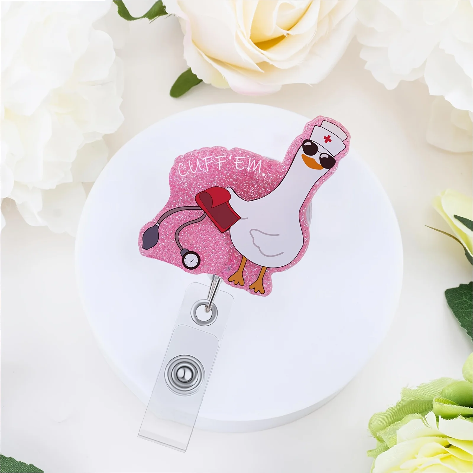 Funny Goose Nurse Badge Reel, Cuff 'Em Badge Holder with Retractable Clip, Cute Gifts for Nursing Student RN LPN MA Medical Work