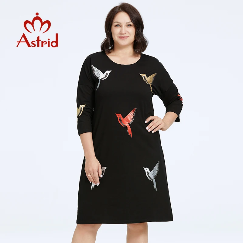 Astrid Women\'s Dresses 2023 Elegant Dress Bird Print Plus Size Office Clothes Long Sleeve Loose Dresses Female Clothing Diamonds