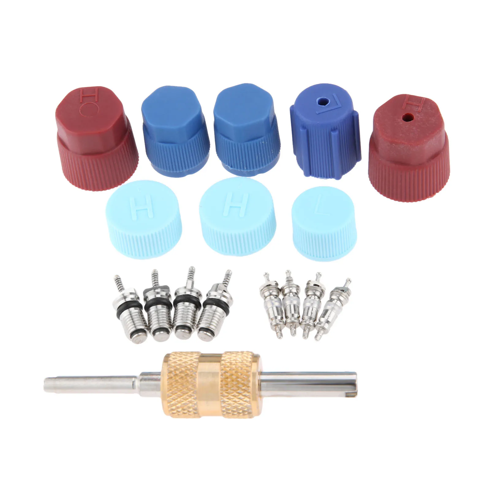 17Pcs Air Conditioning Valve Core Kit R12 R134a Refrigeration Valve Stem Core Remover Tool HVAC System Seal Caps Accessories