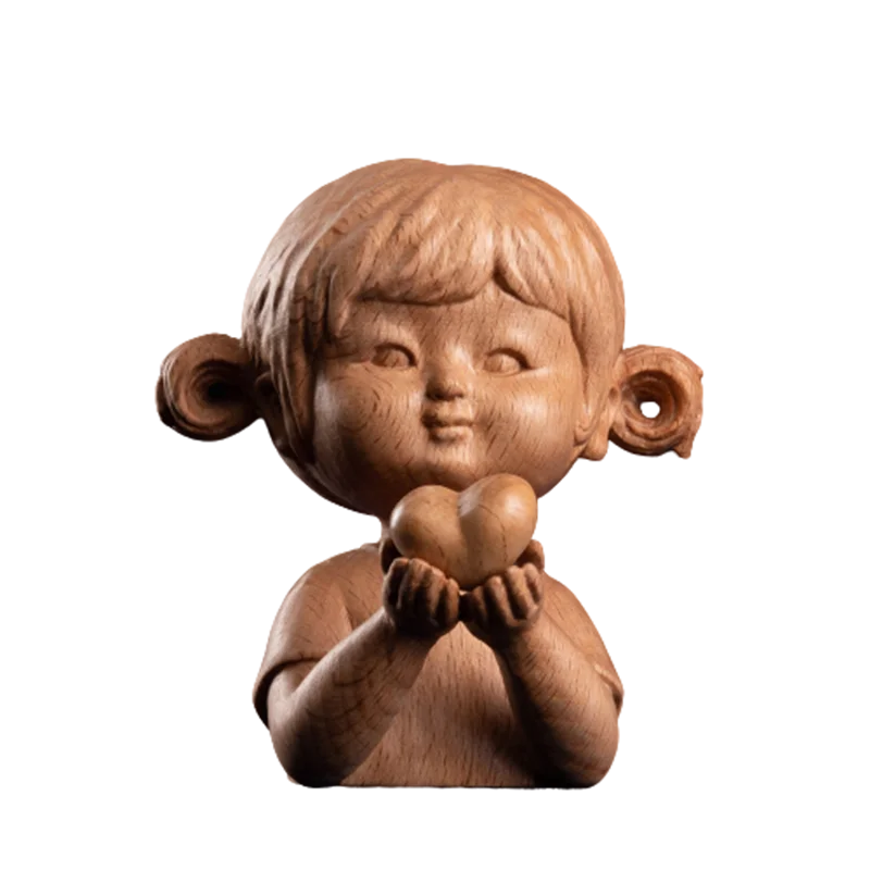 Charming Love Peace Girl Solid Wood Statue, Miniature Craft, Exemplifying Love and Harmony, Whimsical Cartoon Design