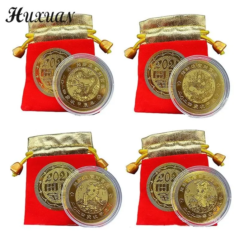 1PC 2024 Year Of Zodiac Dragon Gold Foil Chinese Souvenir Coin Pendant Ornament Car Home Decoration Gift