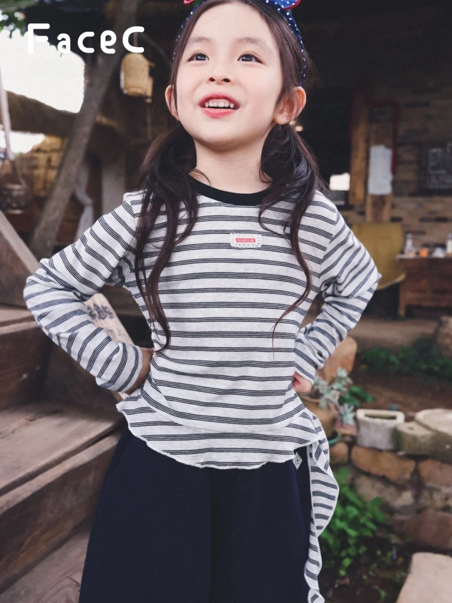 Outdoor Children's Long Sleeve T-Shirt Striped Loose Fit Thin Design Spring Autumn Seasonal Female Kids Fashion Casual Wear