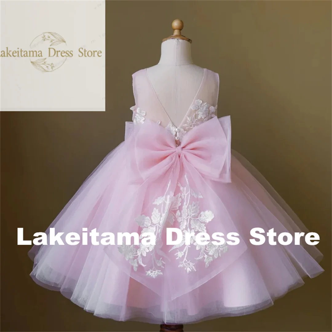 

Customization Tulle Puffy White Applique With Bow Sleeveless Flower Girl Dresses For Wedding Birthday Party First Communion Gown