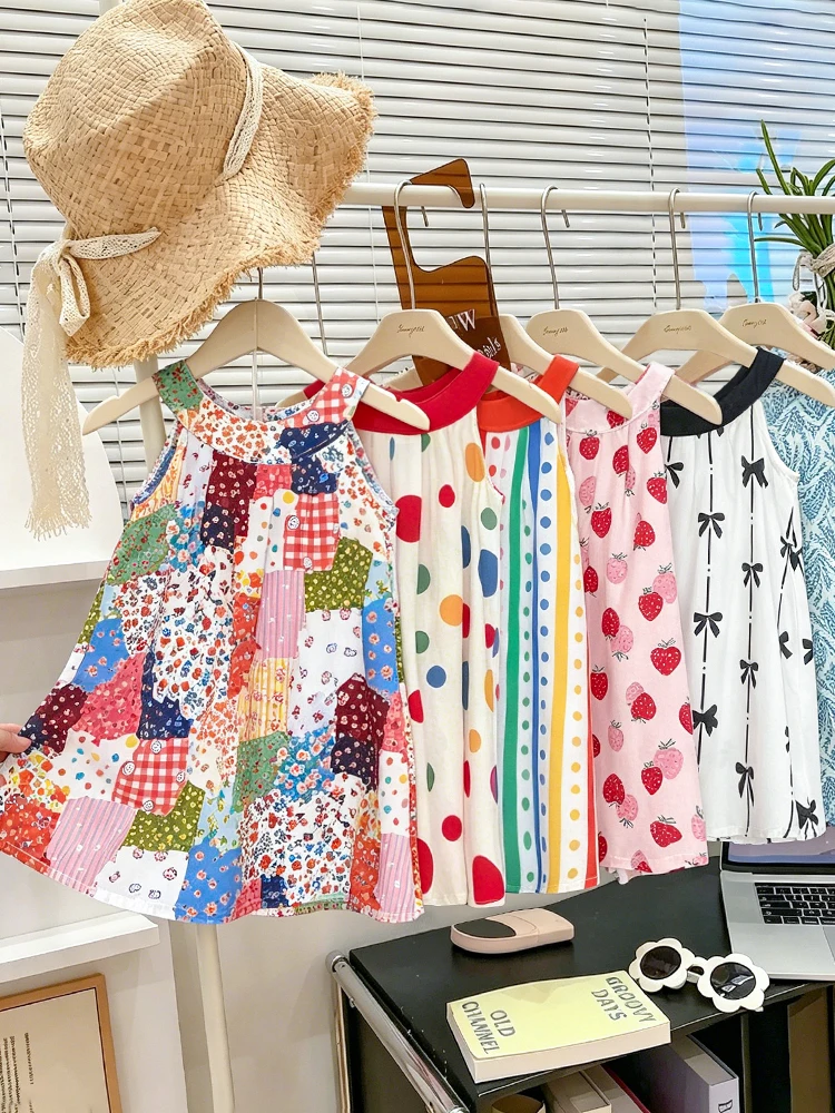 Girls Sleeveless Halter Cotton Sundress Toddler Floral Polka Dot Beach Dress 1-7Y