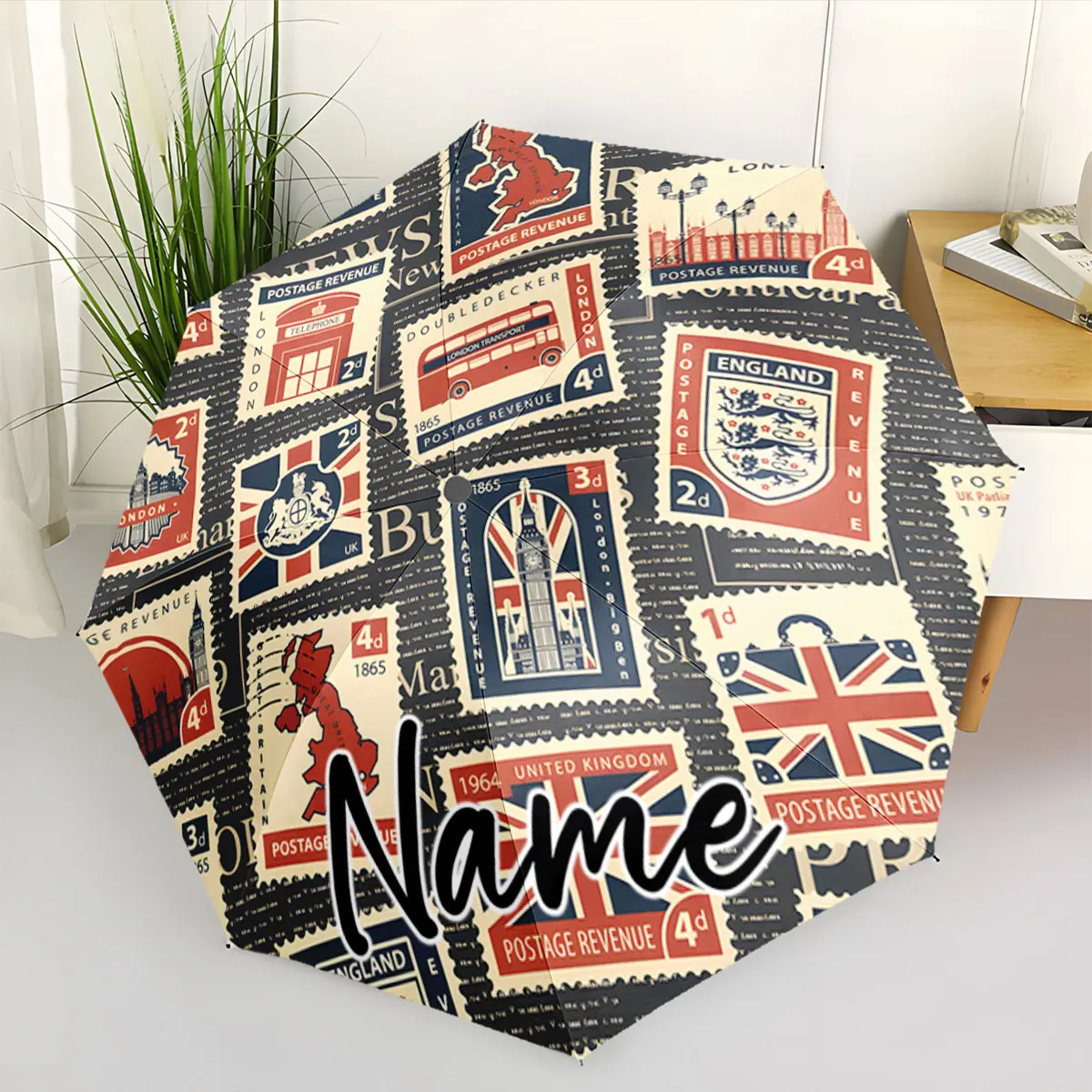 Custom Name Unique Vintage Postage Stamp Pattern Umbrella Print 8 Iron Ribs Folding Umbrella Auto-Open Fashion Sunshade