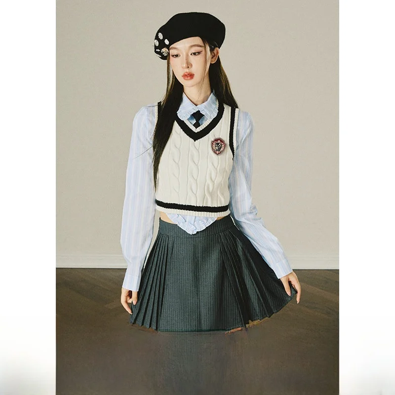 

Original Design A-Line Skirt for Women in Deep ey with Thin Stripe Pleats Sweet Sle High Waist Autumn Winter Skirt