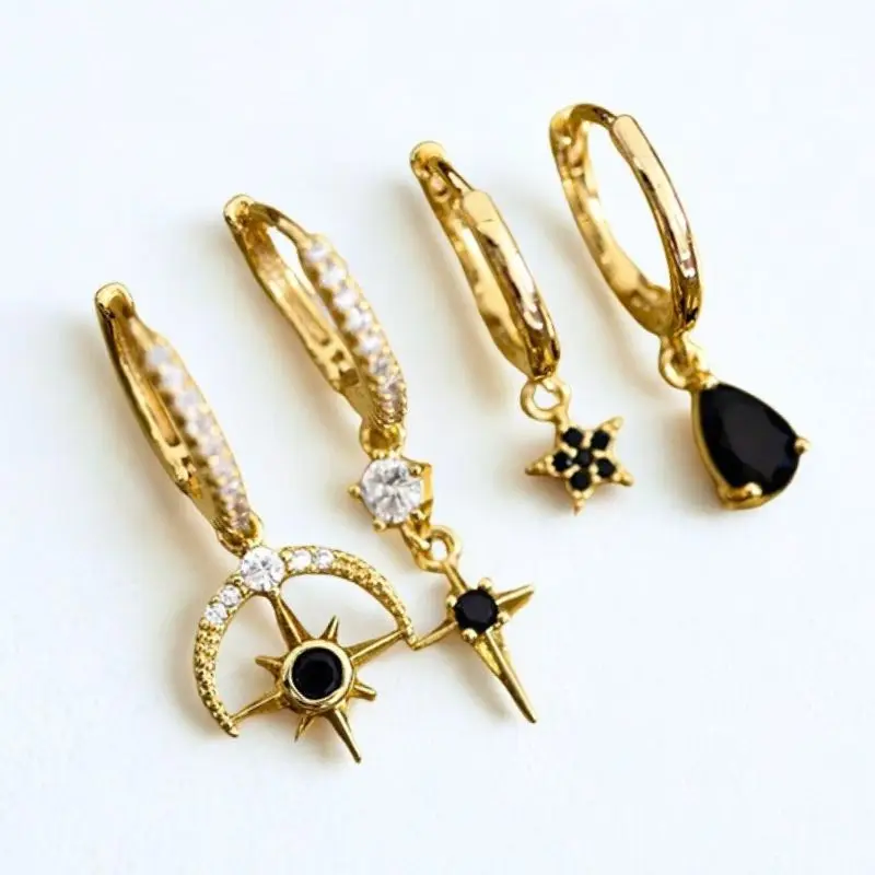 925 Sterling Silver Needle Black Zircon Octagonal Star/Cross Pendant Earrings Fashion Hoop Earrings For Women Trend Jewelry