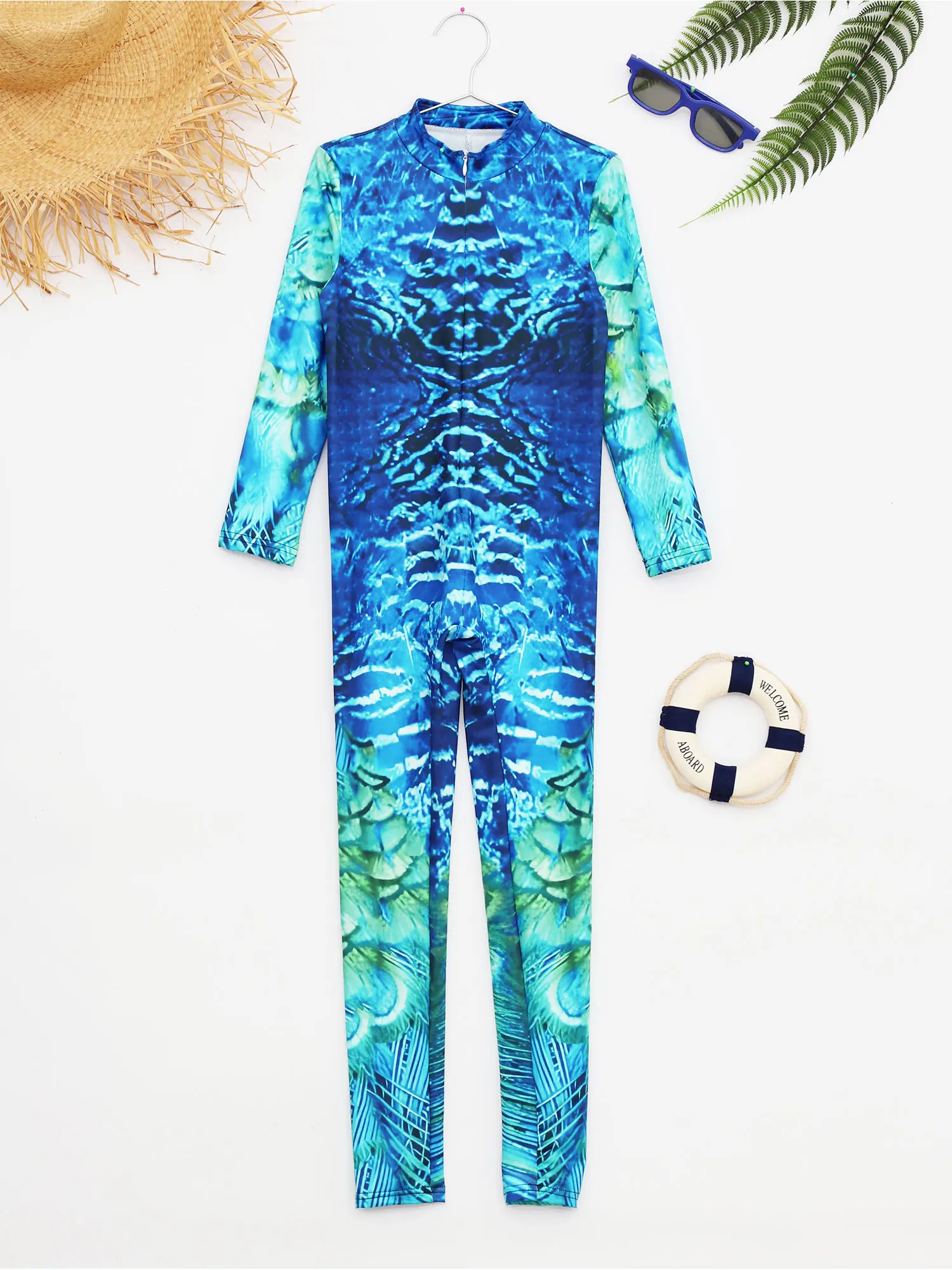 Mermaid Fish Scale Jumpsuit for Kids Halloween Costume Long Sleeve Skinny Catsuit 3D Print Full Length Bodysuit Cosplay Outfits