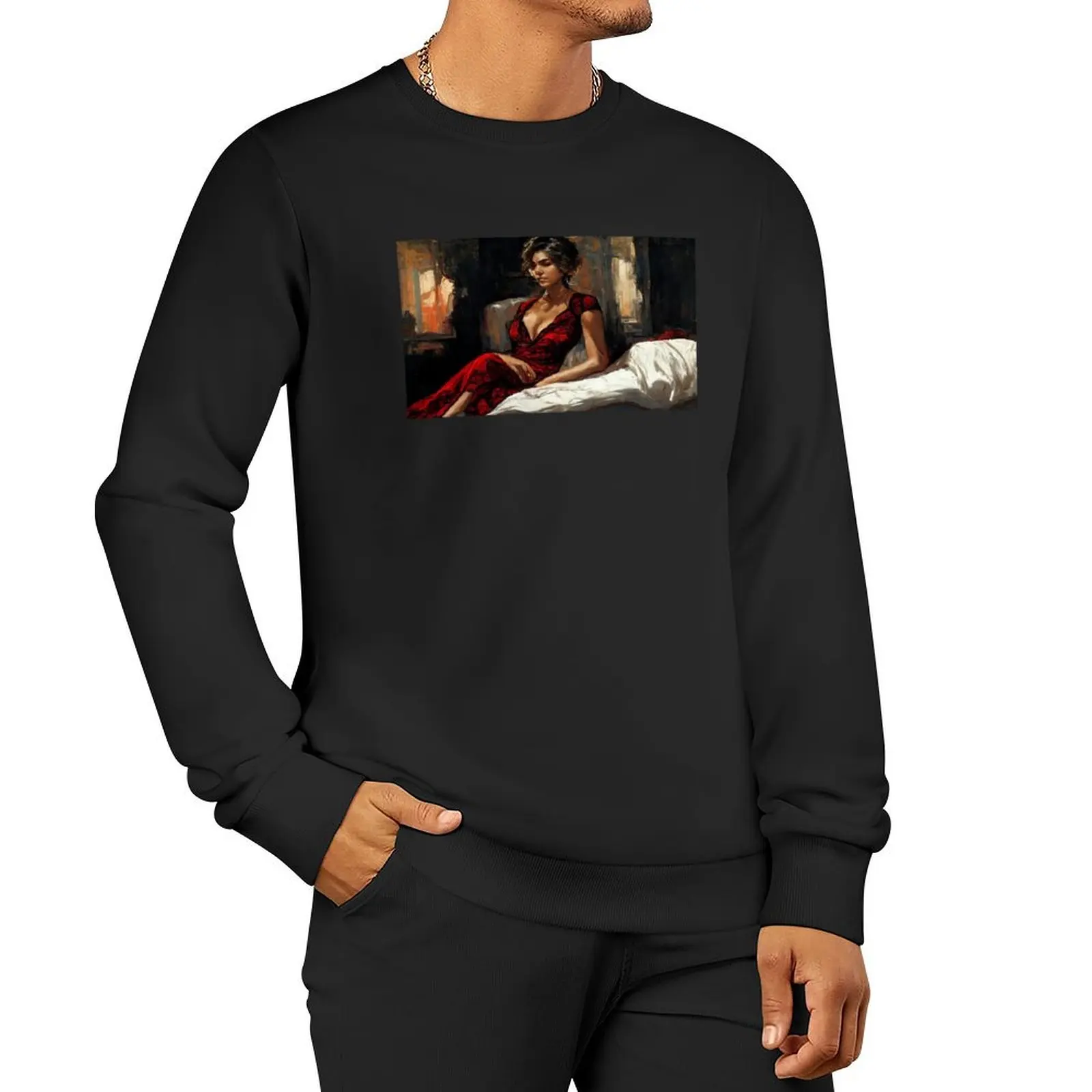 

beautiful lady with red dress by fabian perez Aesthetic gift for art lover Pullover Hoodie korean clothes oversize sweatshirts