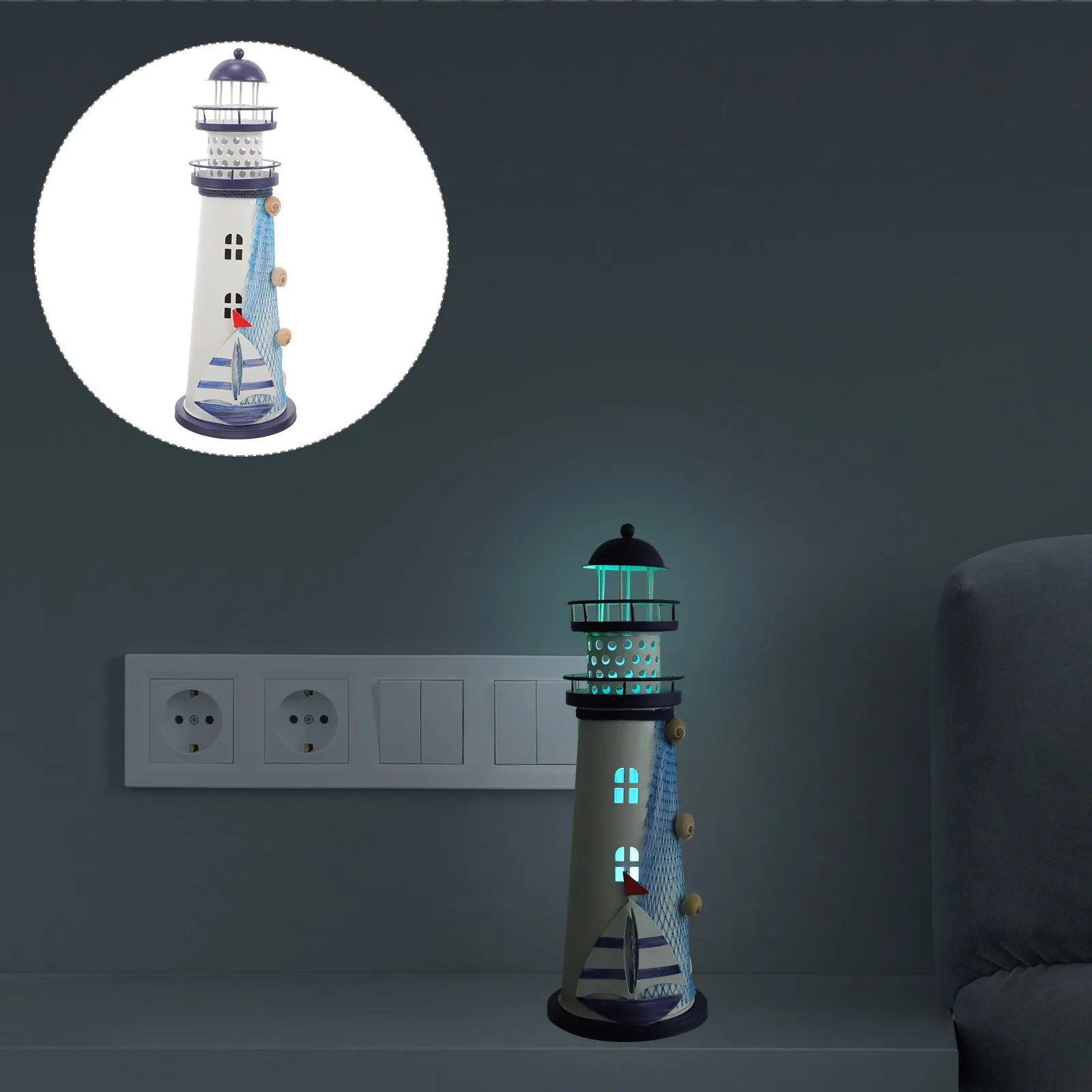 

Iron Lighthouse Lamp Mediterranean Decor Led Lighted Nautical Home Decoration Tall Living Room Bedroom Desk Accessory
