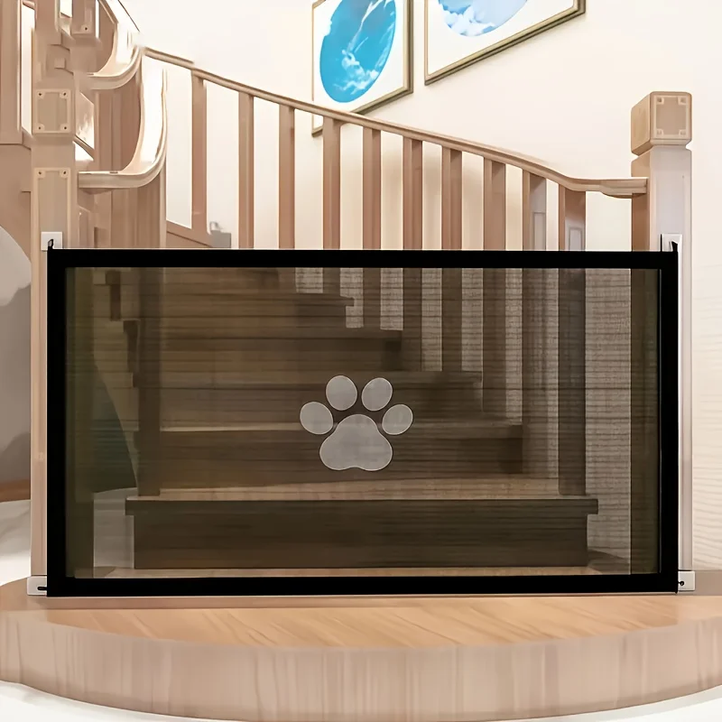 Puerta grande para perros sin taladro, resistente, con paneles de bloqueo con estampado de huellas, barrera portátil plegable para mascotas, red de seguridad para puertas, 1 ud.