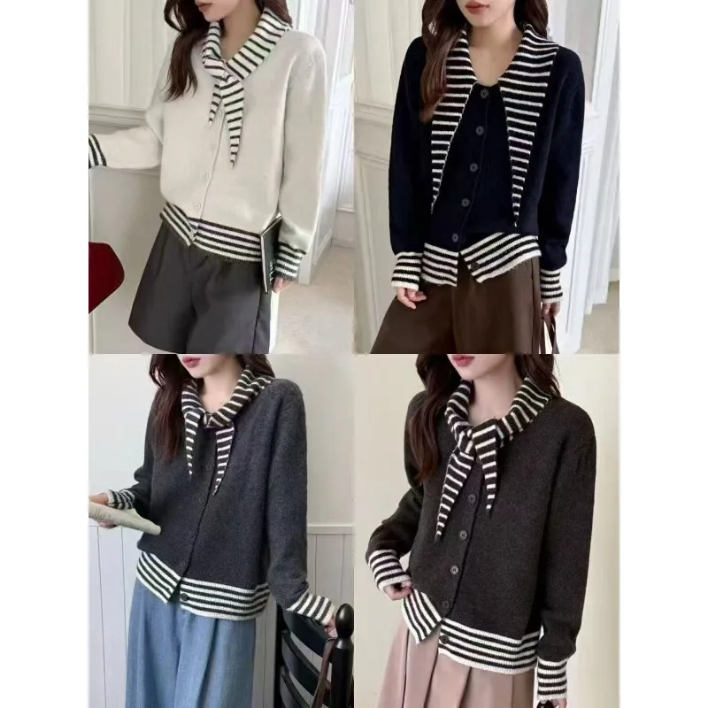 Полосатый контрастный цвет, повседневный вязаный кардиган, женская куртка с шарфом и воротником, куртка, осень-зима 2022, новый топ