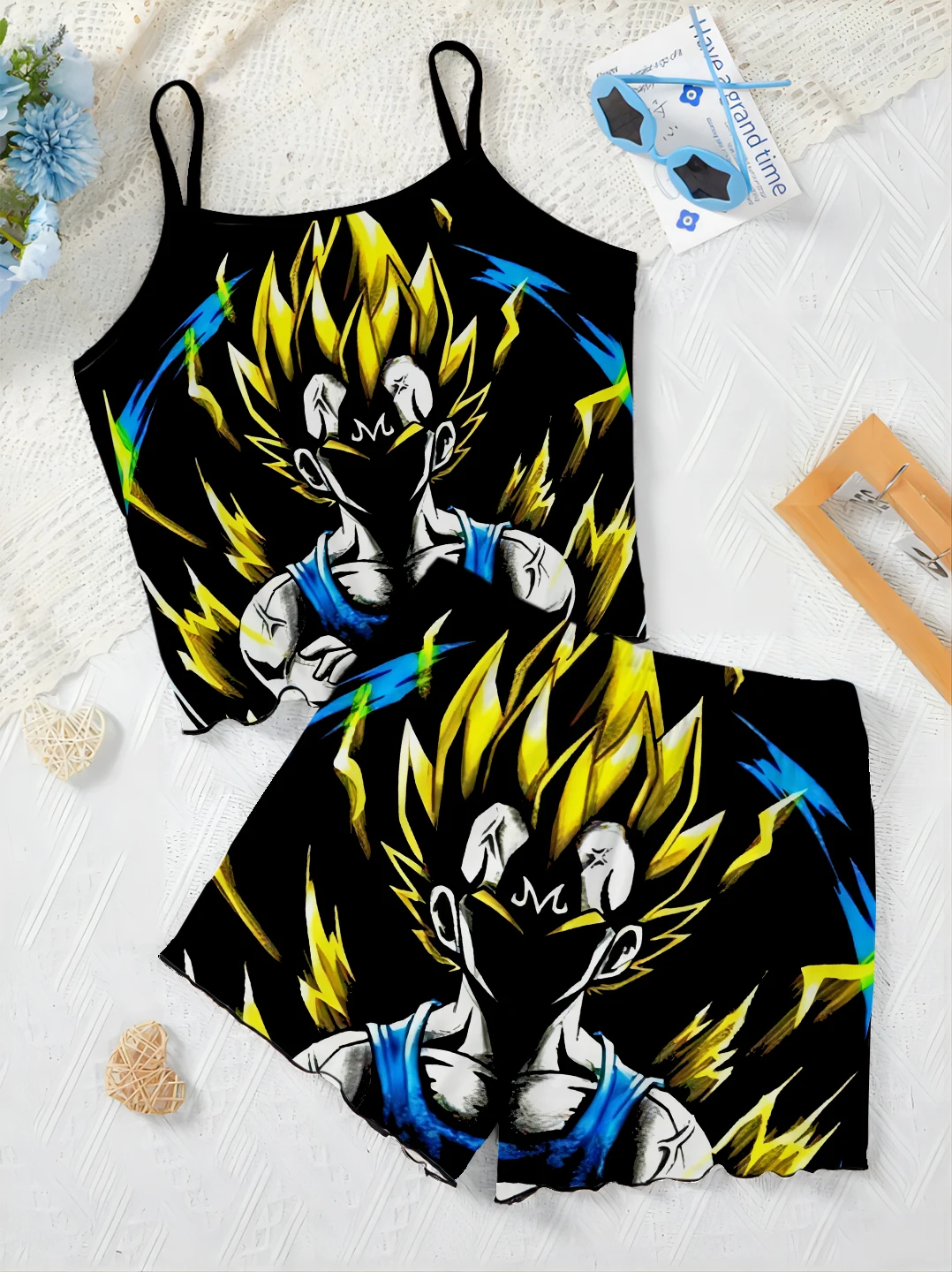 Short Sets for Women 2 Pieces T-shirt Slip Dress Dragon Ball Pajama Skirt Two Piece Set Lettuce Trim Top Son Goku Women's Suit