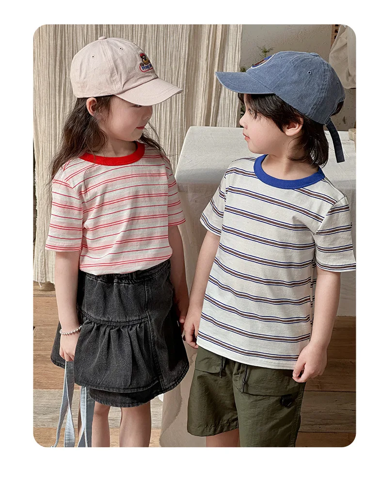 New Children's T-shirt Striped Printed Sailor Suit Imitation Cotton Boys And Girls Micro Elastic Kids Home Pajamas