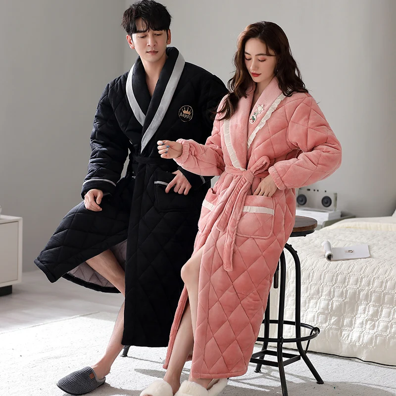 Couple Winter Plush Quilted Lengthened Shawl Bathrobe Home Clothes Long Sleeved Robe Coat thick pijamas hombre robes 3XL