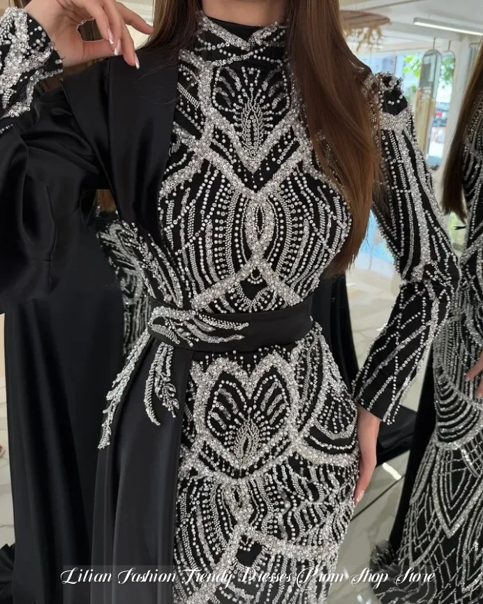 Vestido de noche negro de retales de lujo personalizado, vestido de compromiso con cuentas de manga larga, apliques de cristal, vestido para ocasión Formal