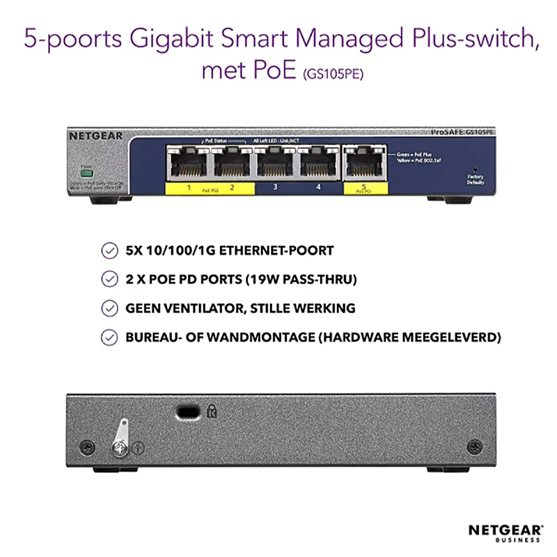 NETGEAR GS105PE Gigabit+Switch 5-Port Ethernet+PoE Direct/PoE Power Down Switch with 2-Port PoE Output Port