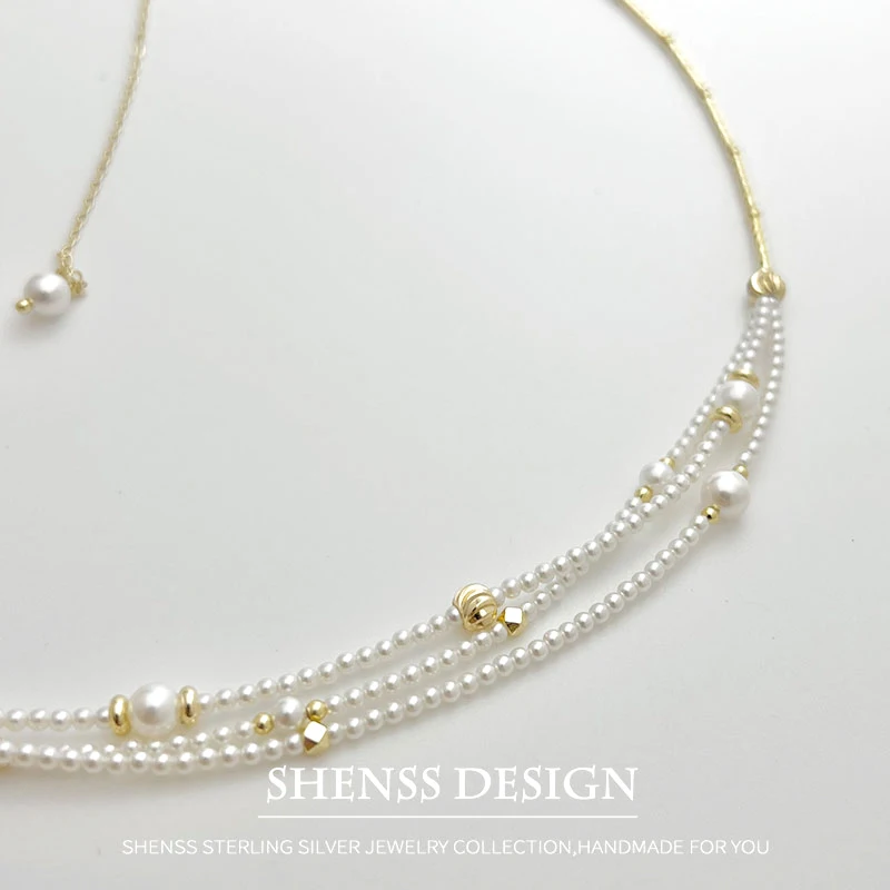 Exquisite Imitation Pearl Necklace Copper Plated 14K Gold Accessories Ultra-Fine Multi-layer 45cm + 10cm
