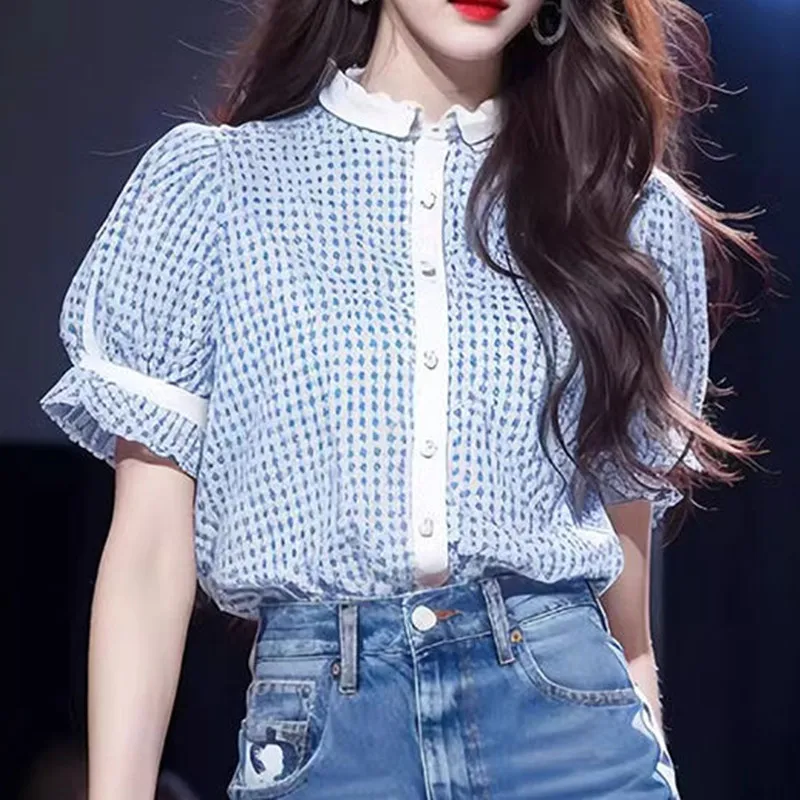 

Runway Summer Stand Collar Casual Loose Polka Dot Women's Wear Casual Short Sleeve Patchwork Color Single Breasted Shirt