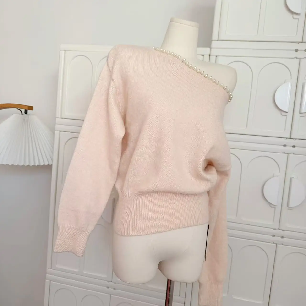 Women's Elegant Skew Collar Pearls Long Sleeve Sweater Lady Sweet Lovely Pink Pullover Loose Jumper