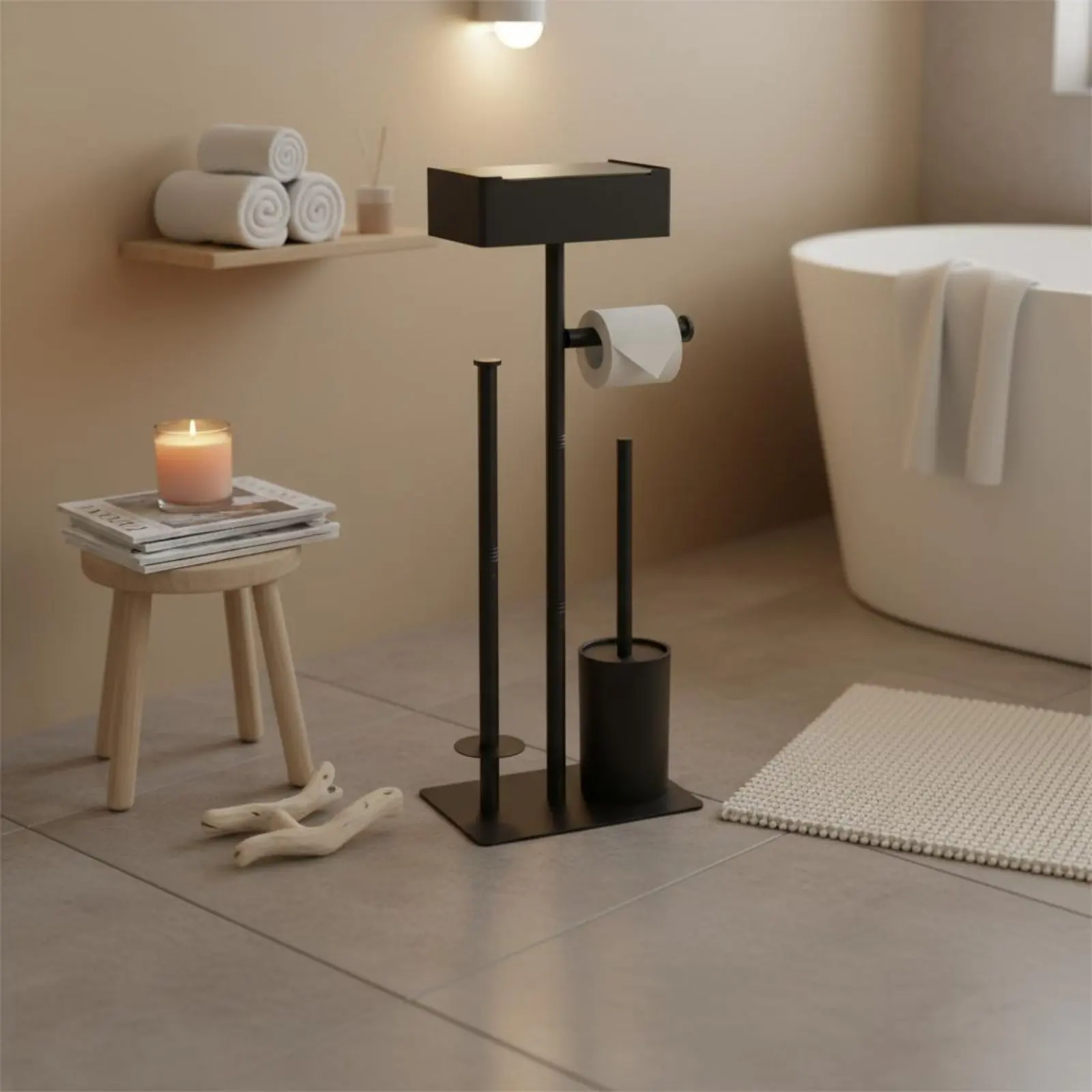 

Toilet Paper Stand with Brush and Shelf No Drilling Required Bathroom Storage Rack with Toilet Brush for Renters, Powder Rooms