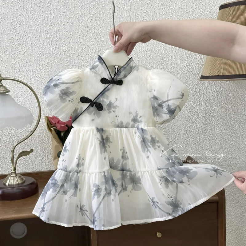 ZLXZ-Girls' Dress2024Summer New Chinese Style Baby Girl Cheongsam Dress Ink Painting Fashionable Princess Dress Dress