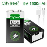 CityTree 9V 1500mAh USB 9 Volt Rechargeable Battery Type-C 6F22 9V Li-ion Lithium Battery for RC Helicopter Model Microphone Toy