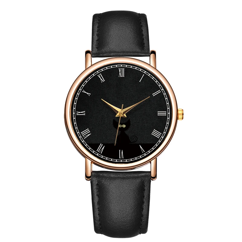 

Fashion Women's Light Quartz Wristwatchblack Black Background Simple Ladies Leather Strap Wristwatch