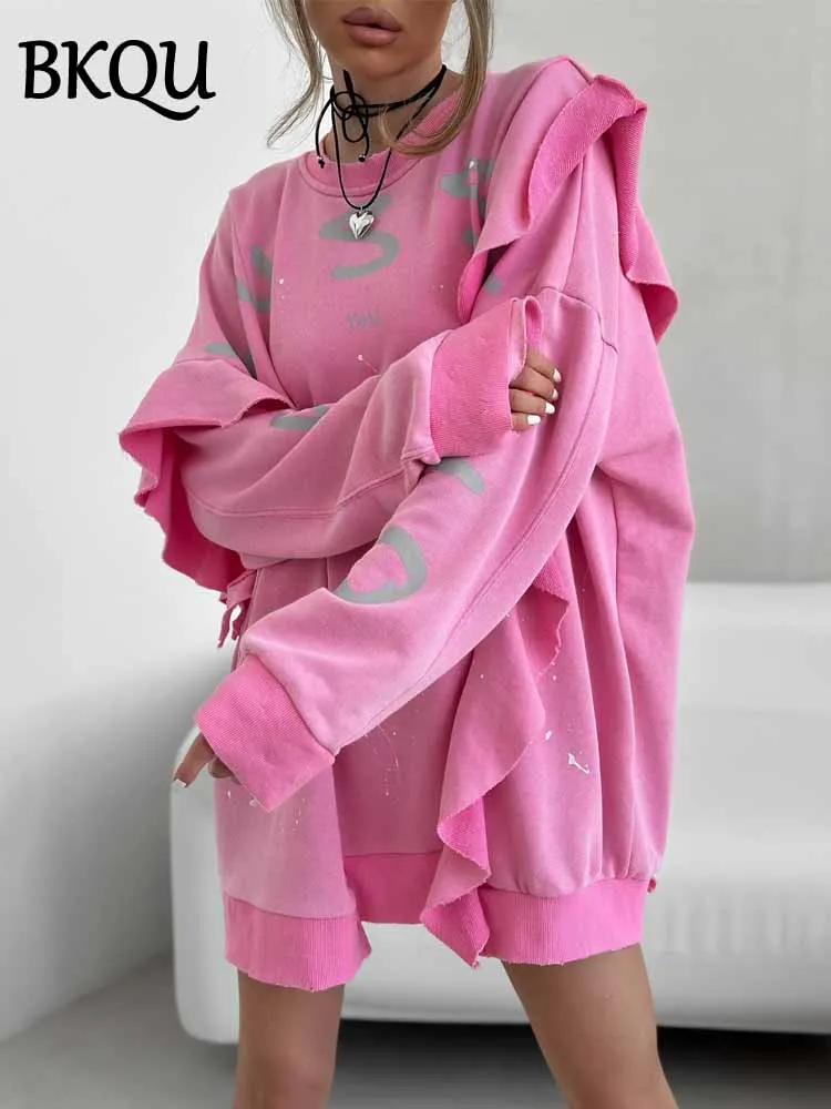 

BKQU Letter Printed Women Loose Sweatshirt Ruffle Patchwork Cotton Long Sleeve Fashion Oversized Pink Hoodie Causal Pullover Top