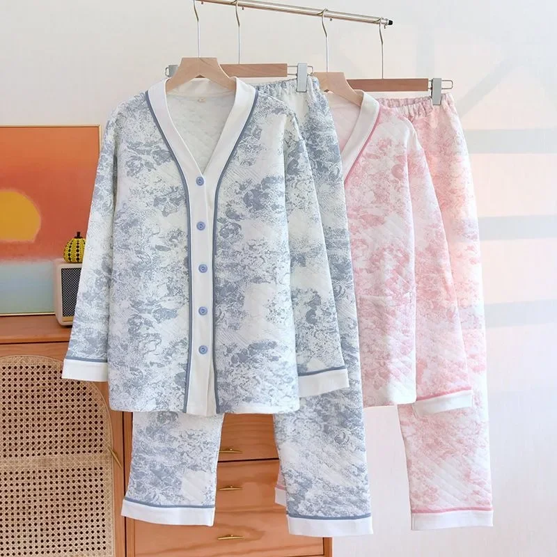 

Chinese Style Homewear Set 2024 New Air Cotton Pajamas Women Autumn Winter Long Sleeved Thickened Three Layer Cotton Sleepwear