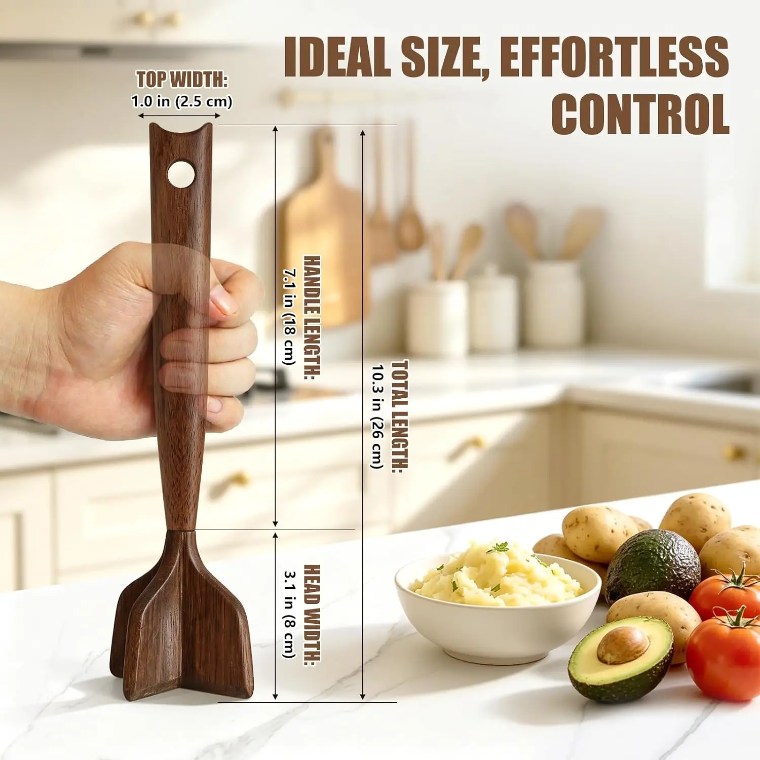 Wooden Meat Chopper,Wooden Ground Beef Masher for Nonstick Cookware,Meat Masher Kitchen Tool, for Tacos, Potatoes