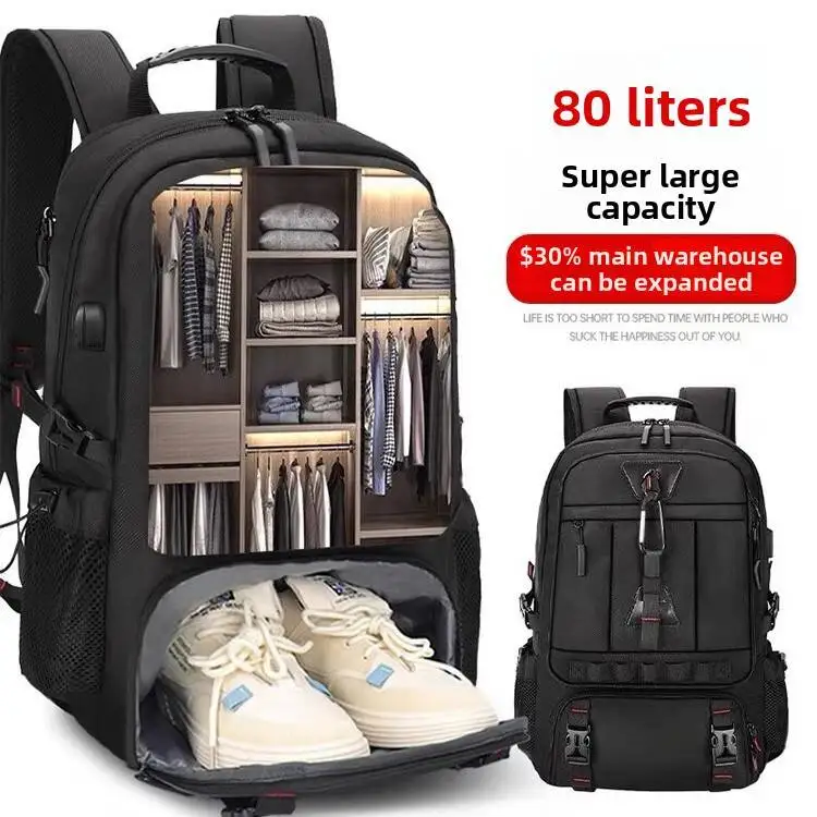 60L 80L Large Travel Backpack Men Separate Shoe Compartment Business Bag Outdoor Sports Waterproof Man Black Storage Backpacks