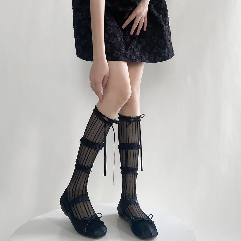 Sexy Lace Mesh Fishnet Stockings Women JK Girls Ruffle Socks Women Stockings Lolita Kawaii Bandage Bowknot Knee Socks Stockings