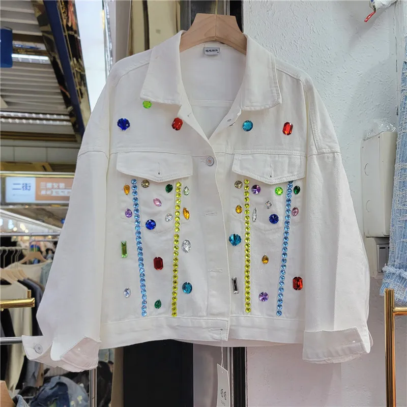 

European Station 2024 Spring Autumn New Fashion Bead Denim Jacket Women's Short Loose Temperament Korean Style All-Match Jacket