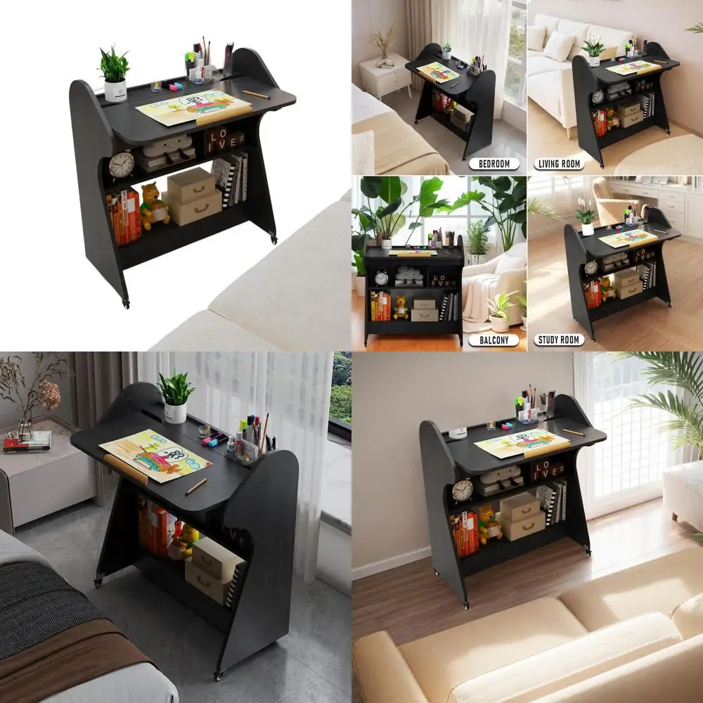 

Adjustable Angle Mobile Desk with Wheels and Storage for Home Office (Black)
